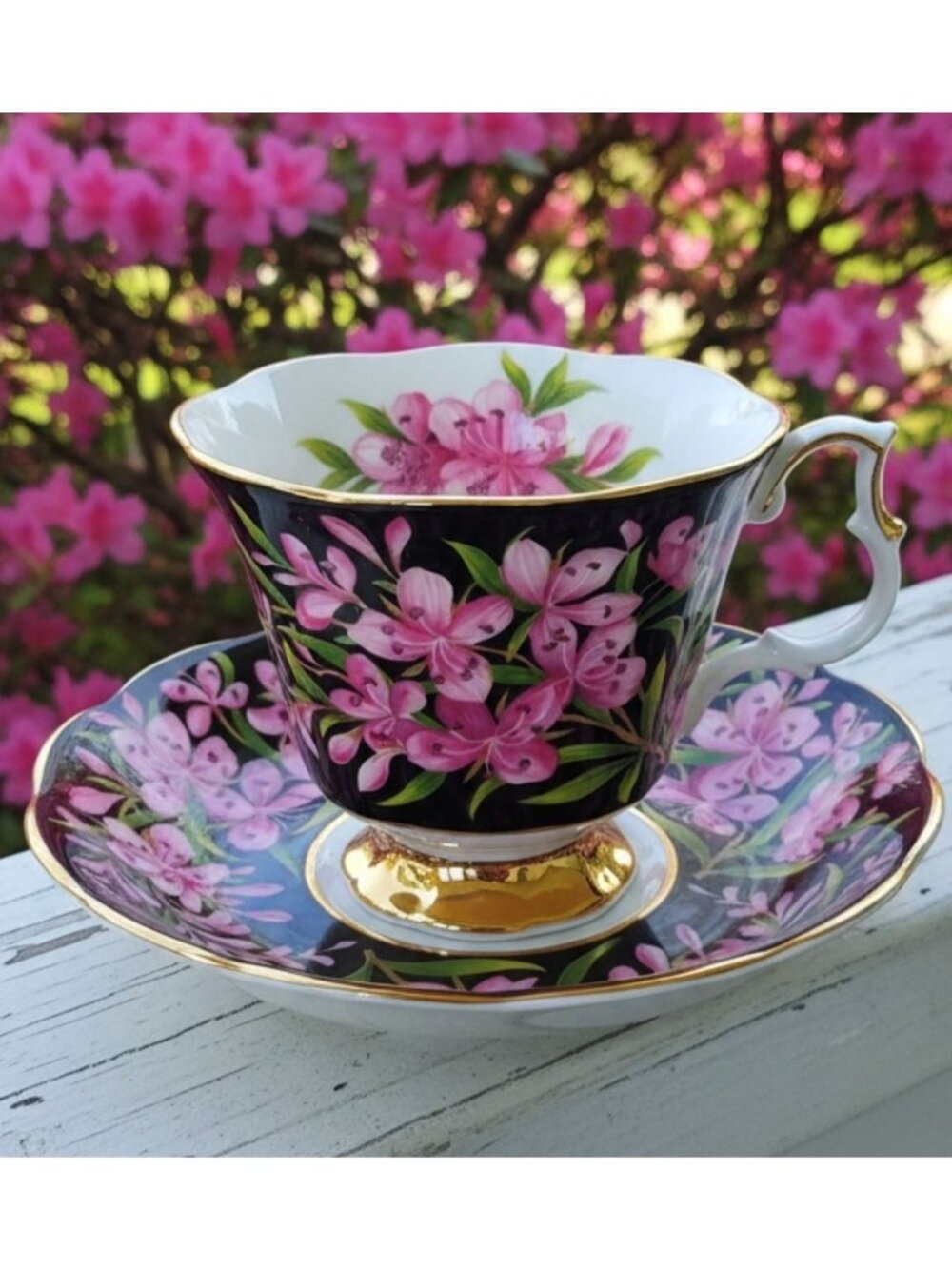 Royal Albert Floral Fireweed Tea Cup & Saucer Set Pattern Black & Pink
